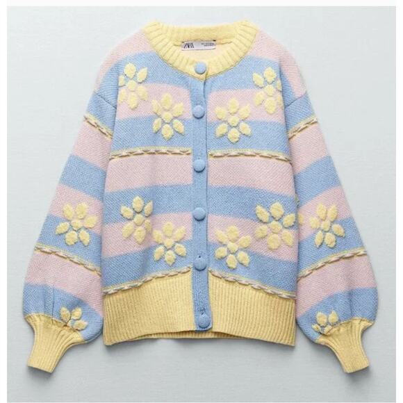 (S) Zara Pastel Colors Floral Jacquard Cozy Knit Button Front Cardigan Sweater - Picture 10 of 15